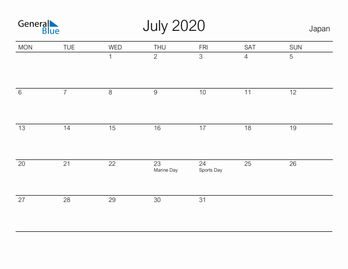 Printable July 2020 Calendar for Japan