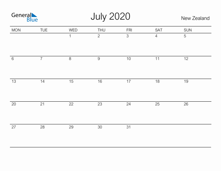 Printable July 2020 Calendar for New Zealand