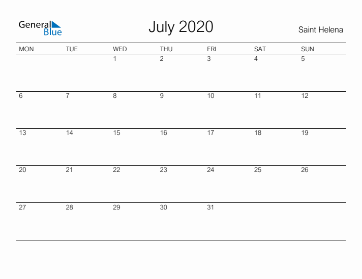 Printable July 2020 Calendar for Saint Helena