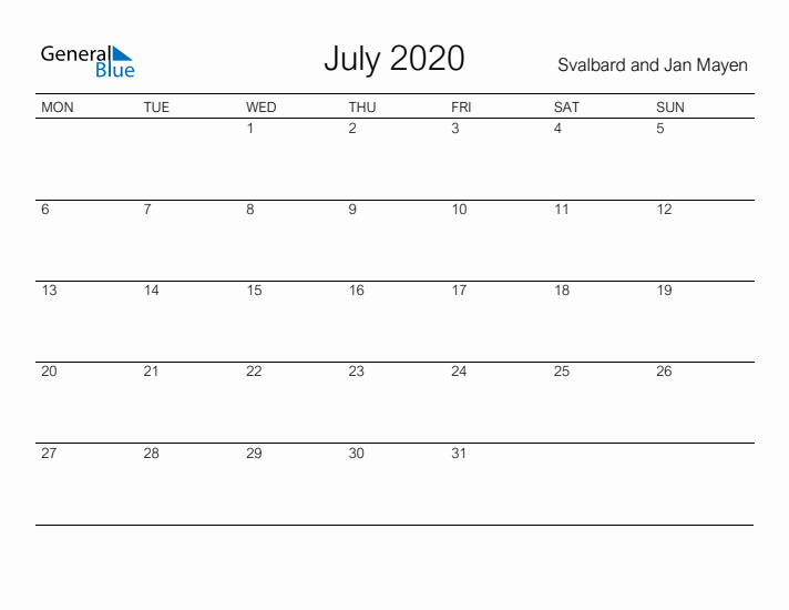 Printable July 2020 Calendar for Svalbard and Jan Mayen