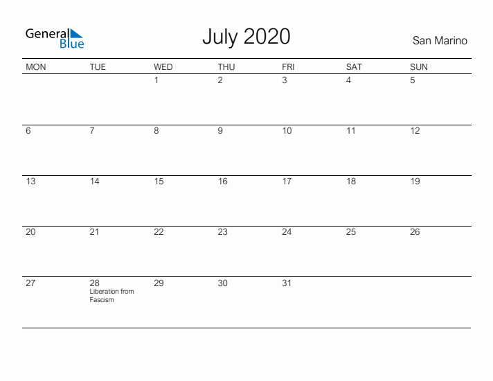 Printable July 2020 Calendar for San Marino