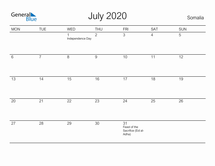 Printable July 2020 Calendar for Somalia