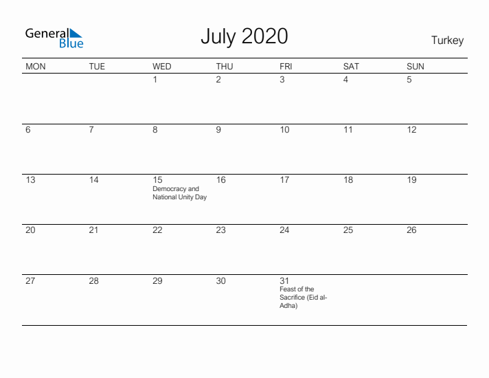 Printable July 2020 Calendar for Turkey