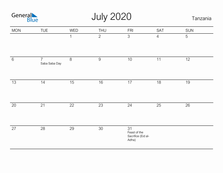 Printable July 2020 Calendar for Tanzania