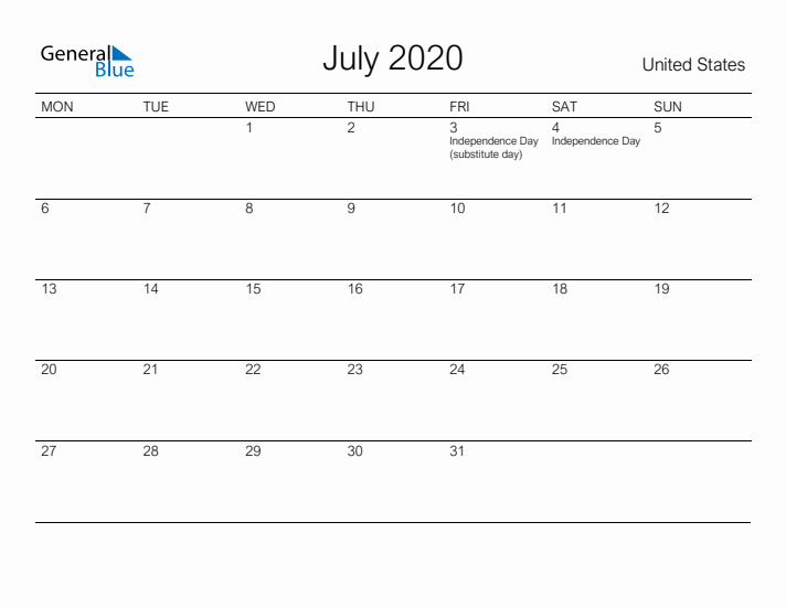 Printable July 2020 Calendar for United States