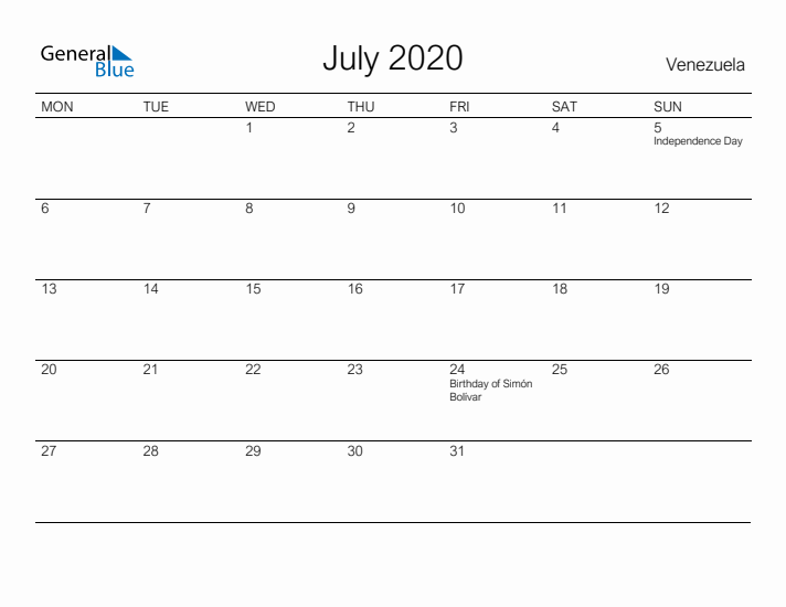 Printable July 2020 Calendar for Venezuela