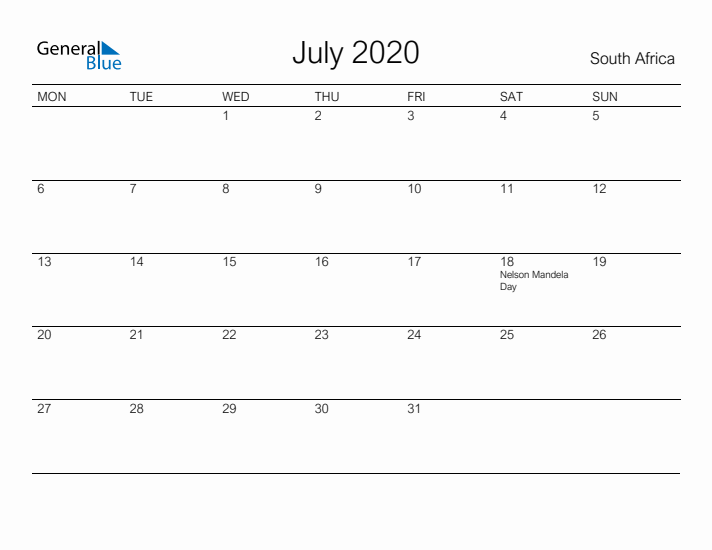 Printable July 2020 Calendar for South Africa