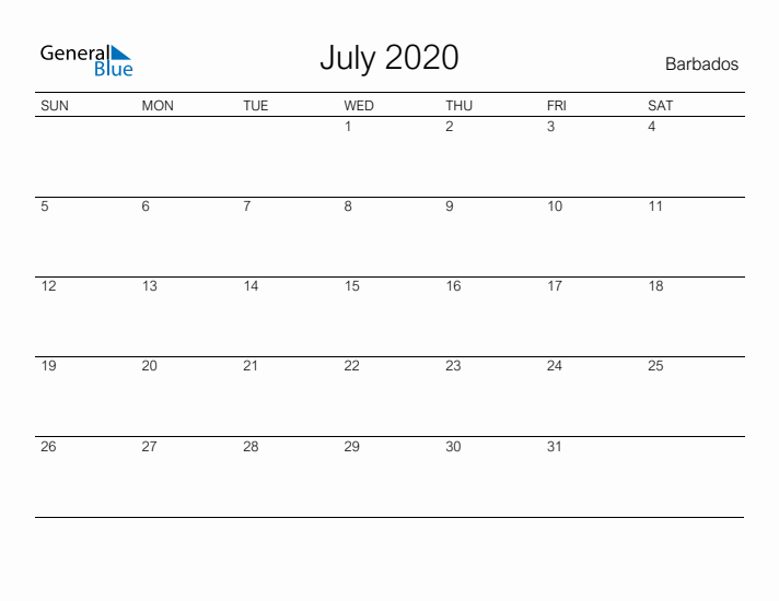 Printable July 2020 Calendar for Barbados