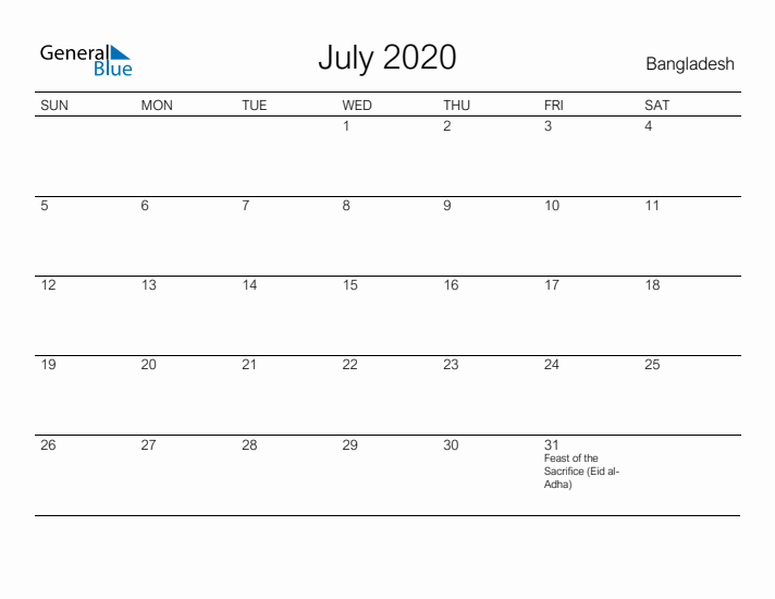 Printable July 2020 Calendar for Bangladesh