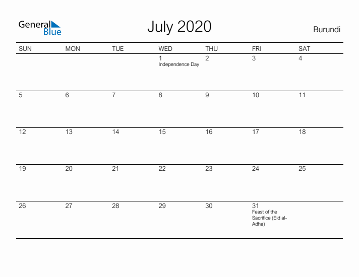 Printable July 2020 Calendar for Burundi