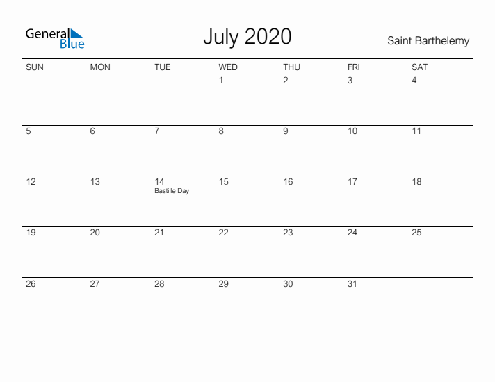 Printable July 2020 Calendar for Saint Barthelemy