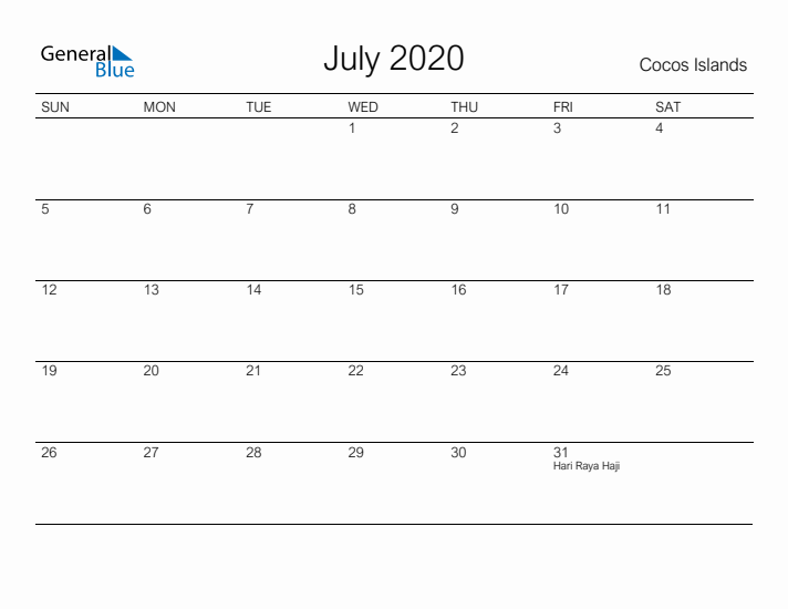 Printable July 2020 Calendar for Cocos Islands