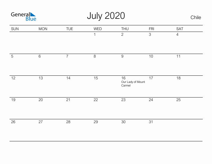 Printable July 2020 Calendar for Chile