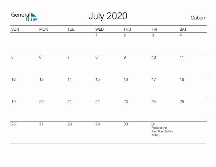 Printable July 2020 Calendar for Gabon