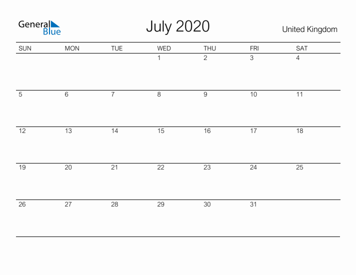 Printable July 2020 Calendar for United Kingdom