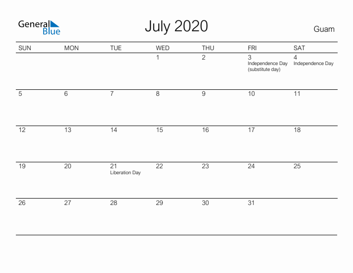 Printable July 2020 Calendar for Guam