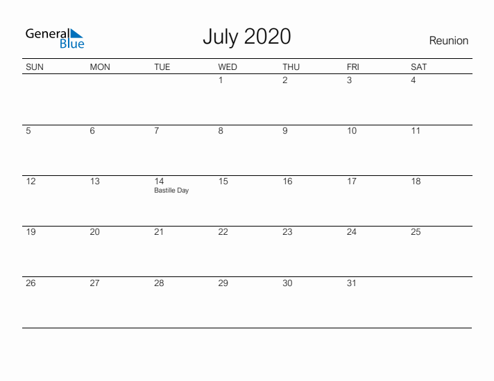 Printable July 2020 Calendar for Reunion