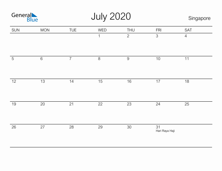 Printable July 2020 Calendar for Singapore