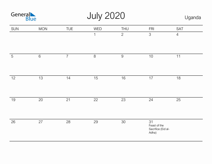 Printable July 2020 Calendar for Uganda