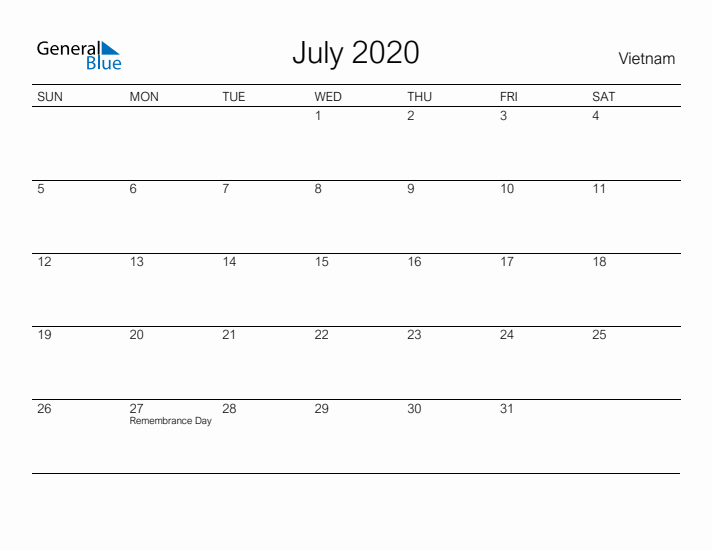 Printable July 2020 Calendar for Vietnam