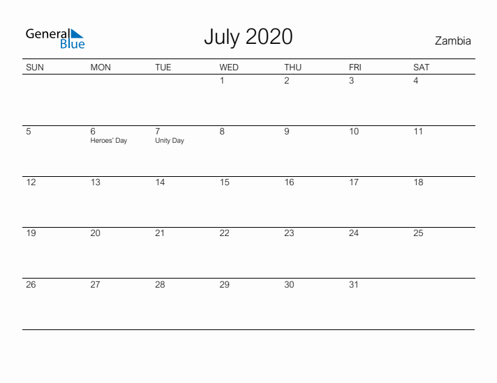 Printable July 2020 Calendar for Zambia