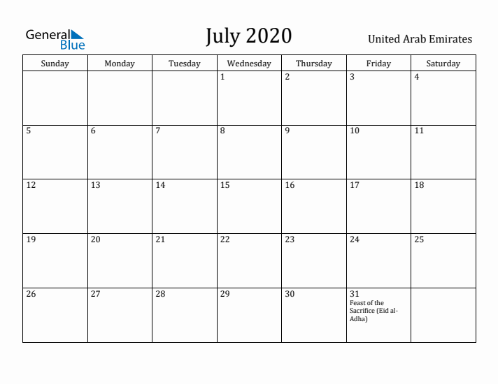 July 2020 Calendar United Arab Emirates