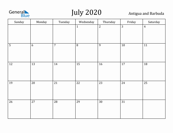 July 2020 Calendar Antigua and Barbuda