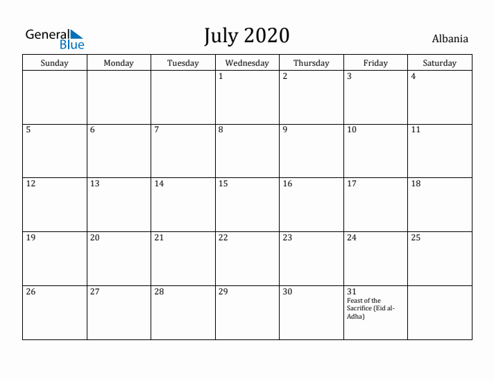 July 2020 Calendar Albania