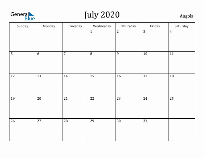 July 2020 Calendar Angola