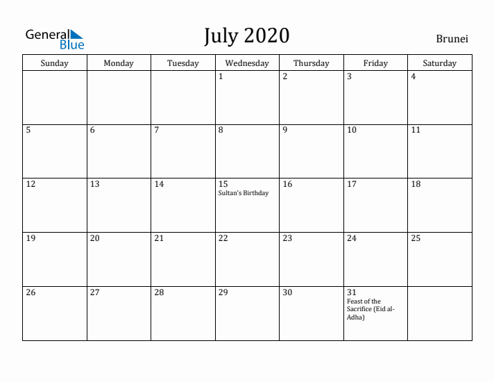 July 2020 Calendar Brunei