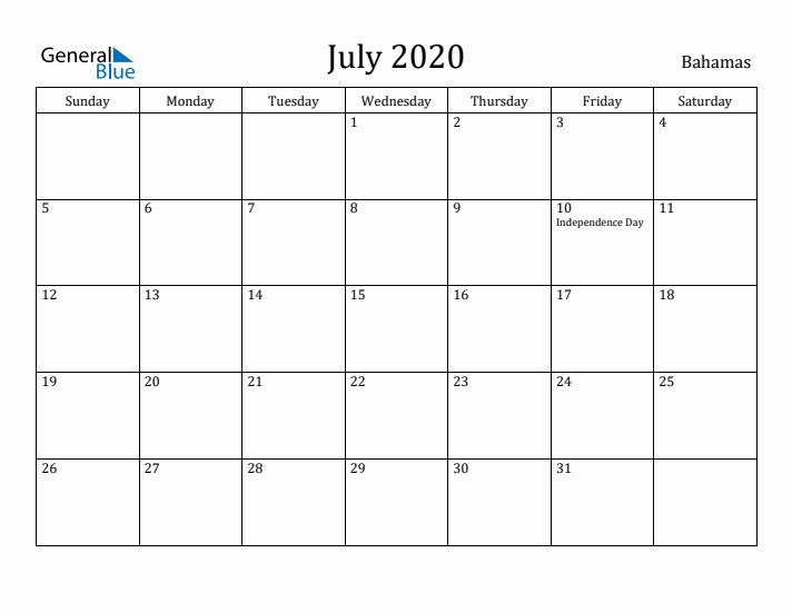 July 2020 Calendar Bahamas