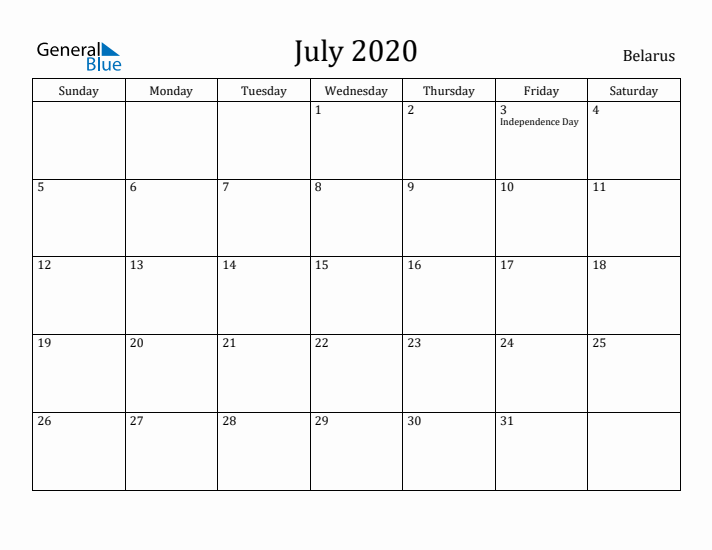 July 2020 Calendar Belarus