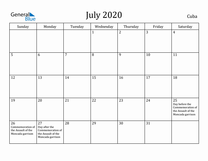 July 2020 Calendar Cuba