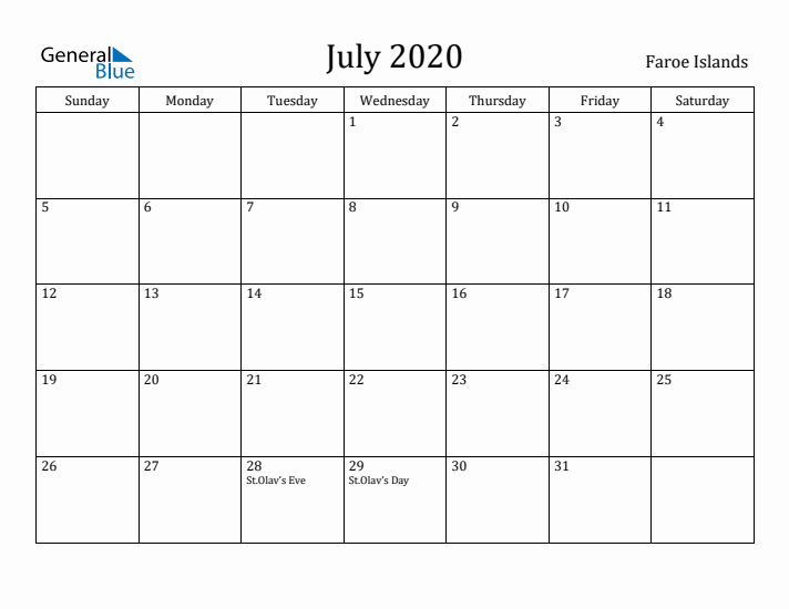 July 2020 Calendar Faroe Islands