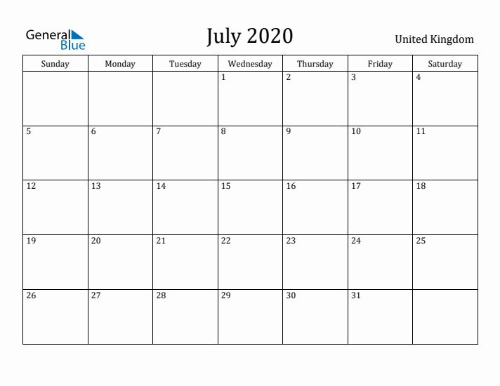 July 2020 Calendar United Kingdom