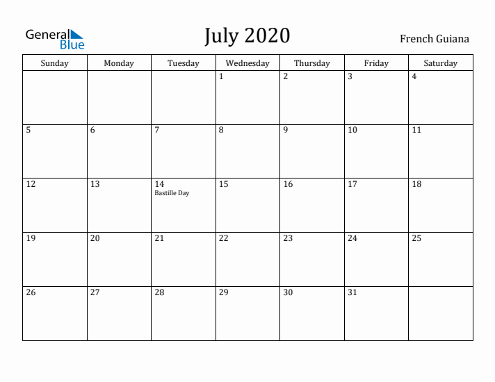 July 2020 Calendar French Guiana