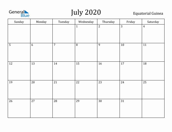 July 2020 Calendar Equatorial Guinea