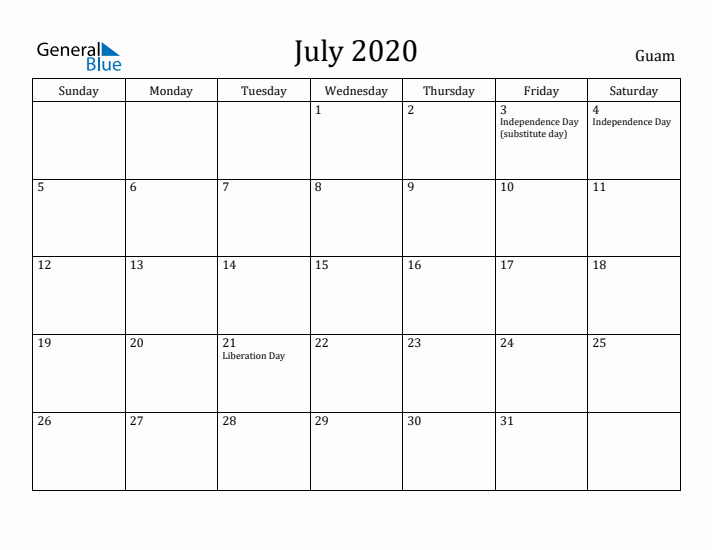 July 2020 Calendar Guam