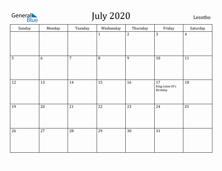 July 2020 Calendar Lesotho