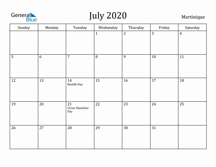 July 2020 Calendar Martinique