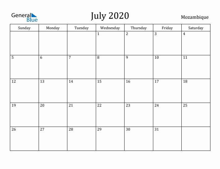 July 2020 Calendar Mozambique