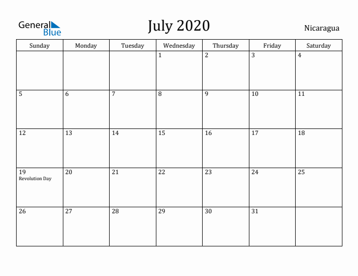 July 2020 Calendar Nicaragua