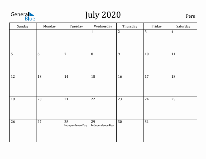 July 2020 Calendar Peru