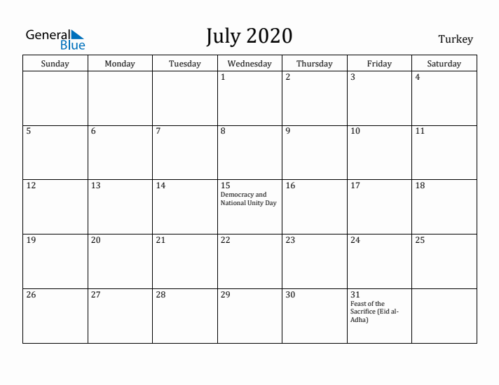 July 2020 Calendar Turkey