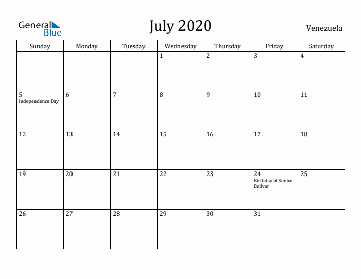 July 2020 Calendar Venezuela