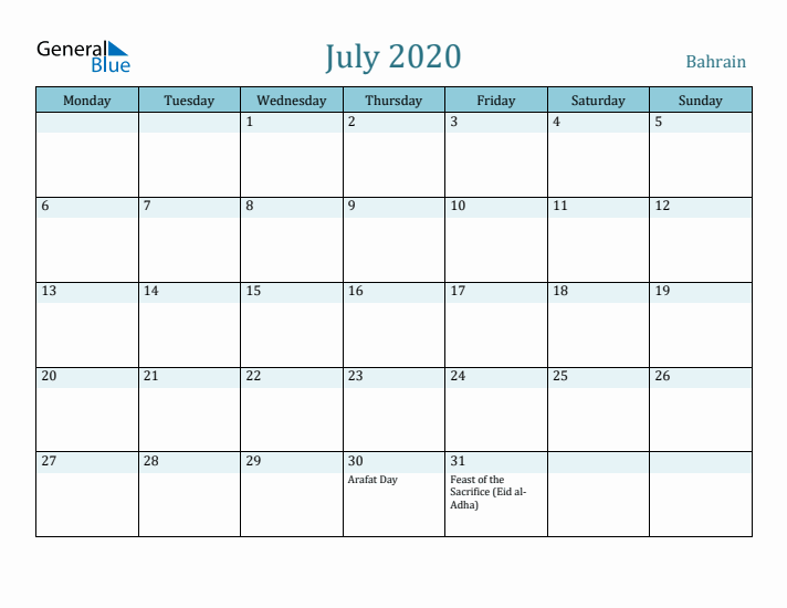 July 2020 Calendar with Holidays