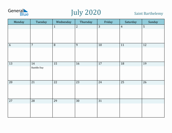 July 2020 Calendar with Holidays