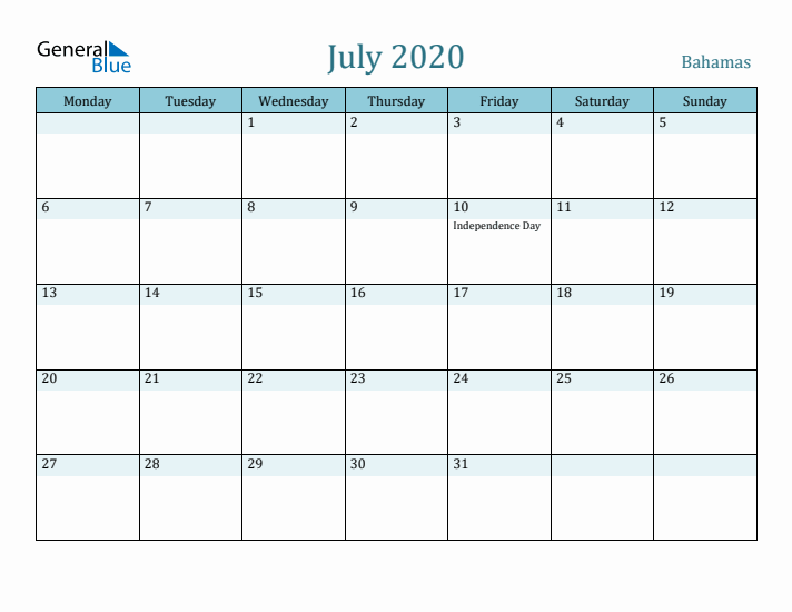 July 2020 Calendar with Holidays