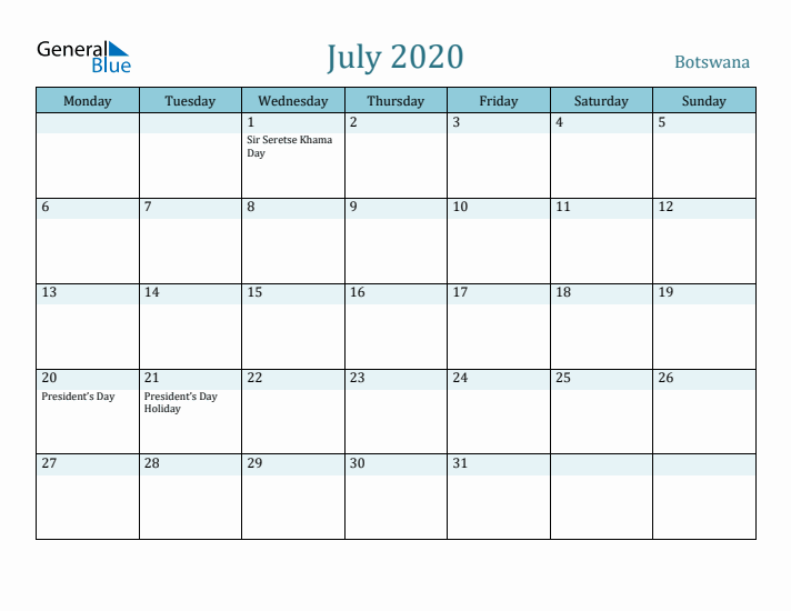 July 2020 Calendar with Holidays