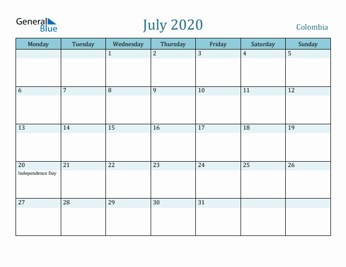 July 2020 Calendar with Holidays